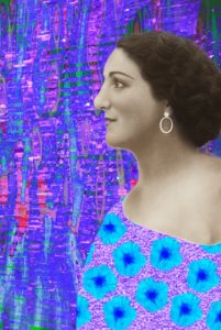 woman in purple dress with blue flowers