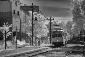 trolley in front of building