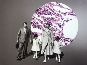 Collage image of family against circular purple and white abstract